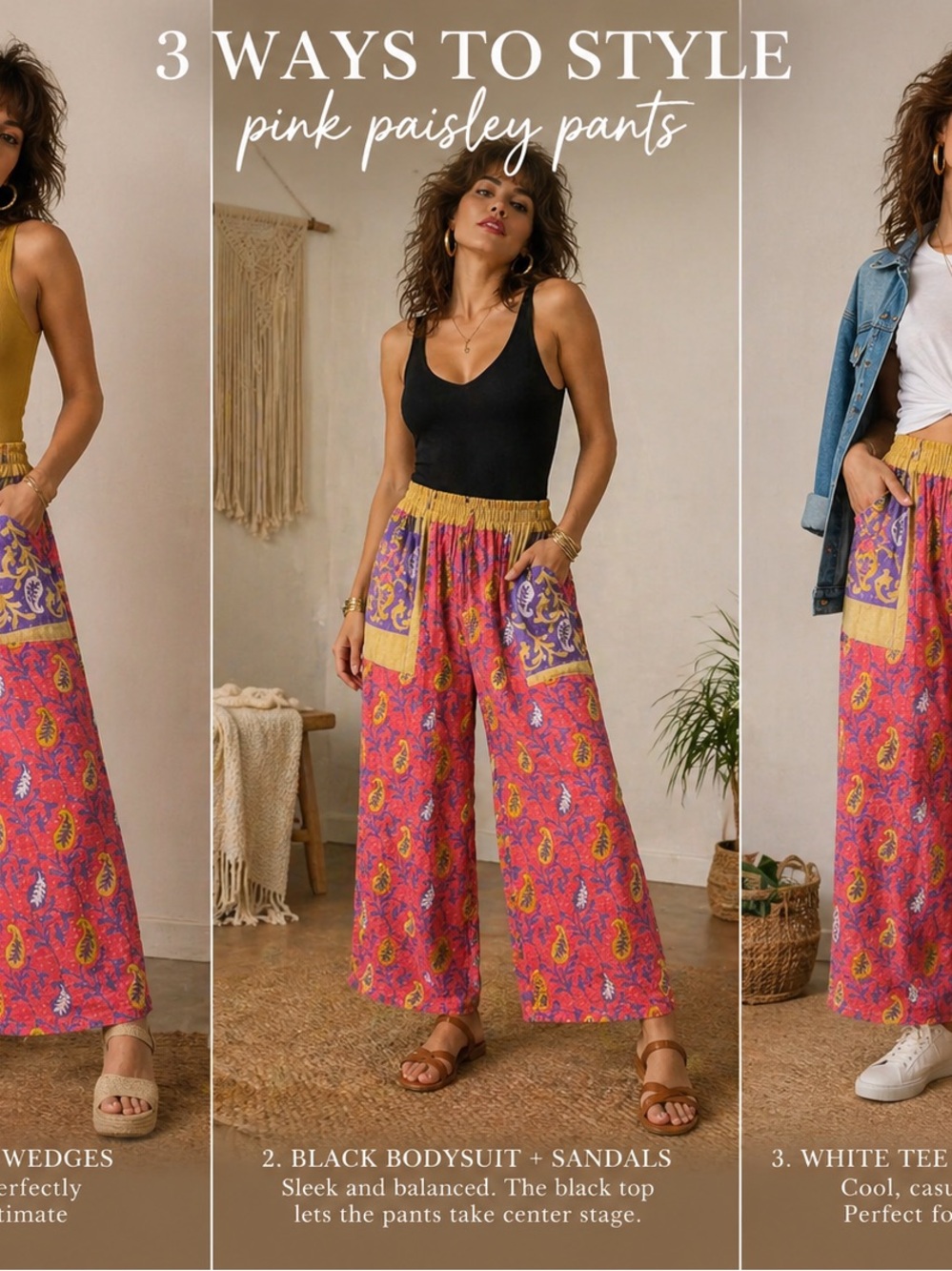 Kantha Reversible Boho Pink Paisley Wide-Leg Pants